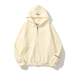 Essentials Reflective Logo Zip-Up Oversized Cream Hoodie